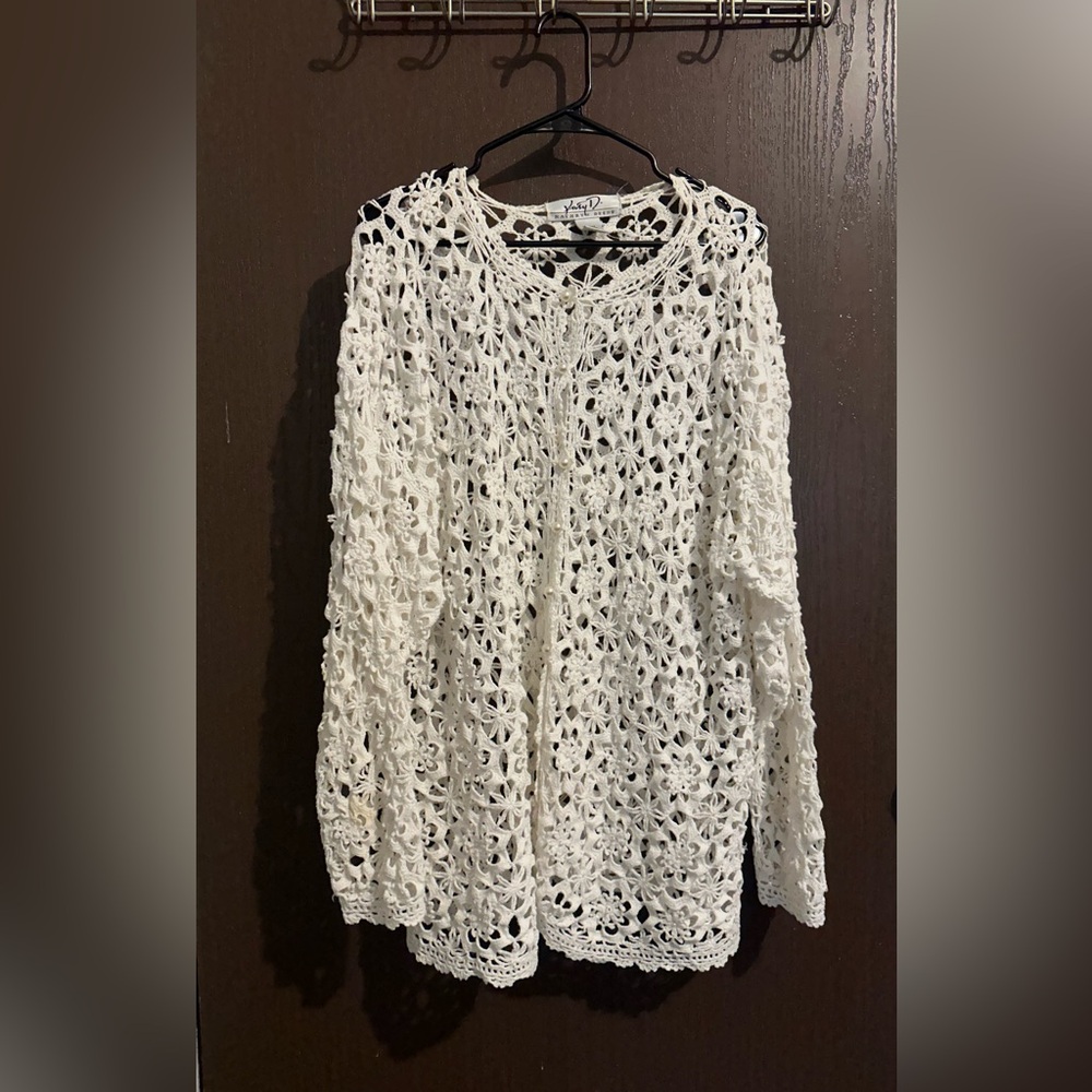 Kathryn Deene Ivory Crochet Floral Lace Cardigan.